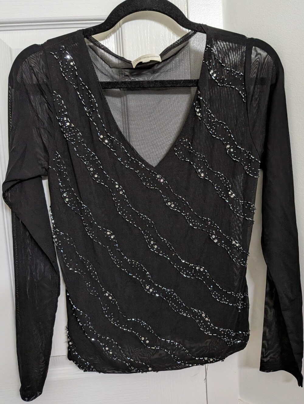 laura Petities Black V-Neck Mesh Sequin Embellished Top